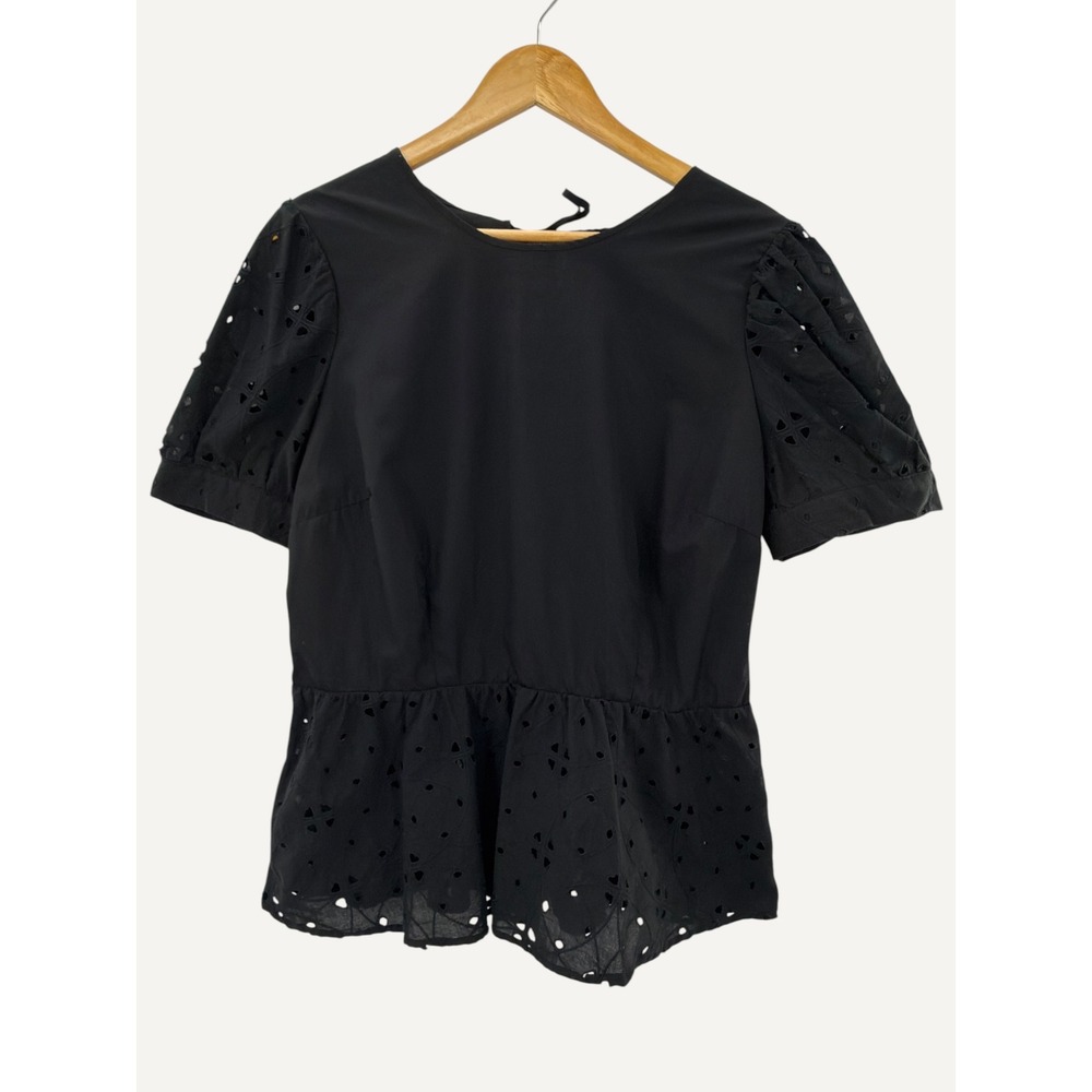 Who‎ What Wear NWT Black Eyelet Peplum Top Puff Sleeve Cotton L Cottagecore Boho